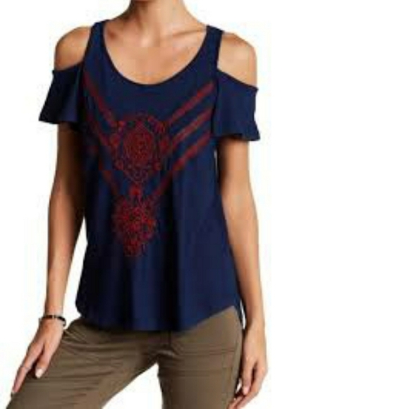 Lucky Brand Tops - NWT Lucky Brand Blue & Red Embroidered Cold Shoulder Top